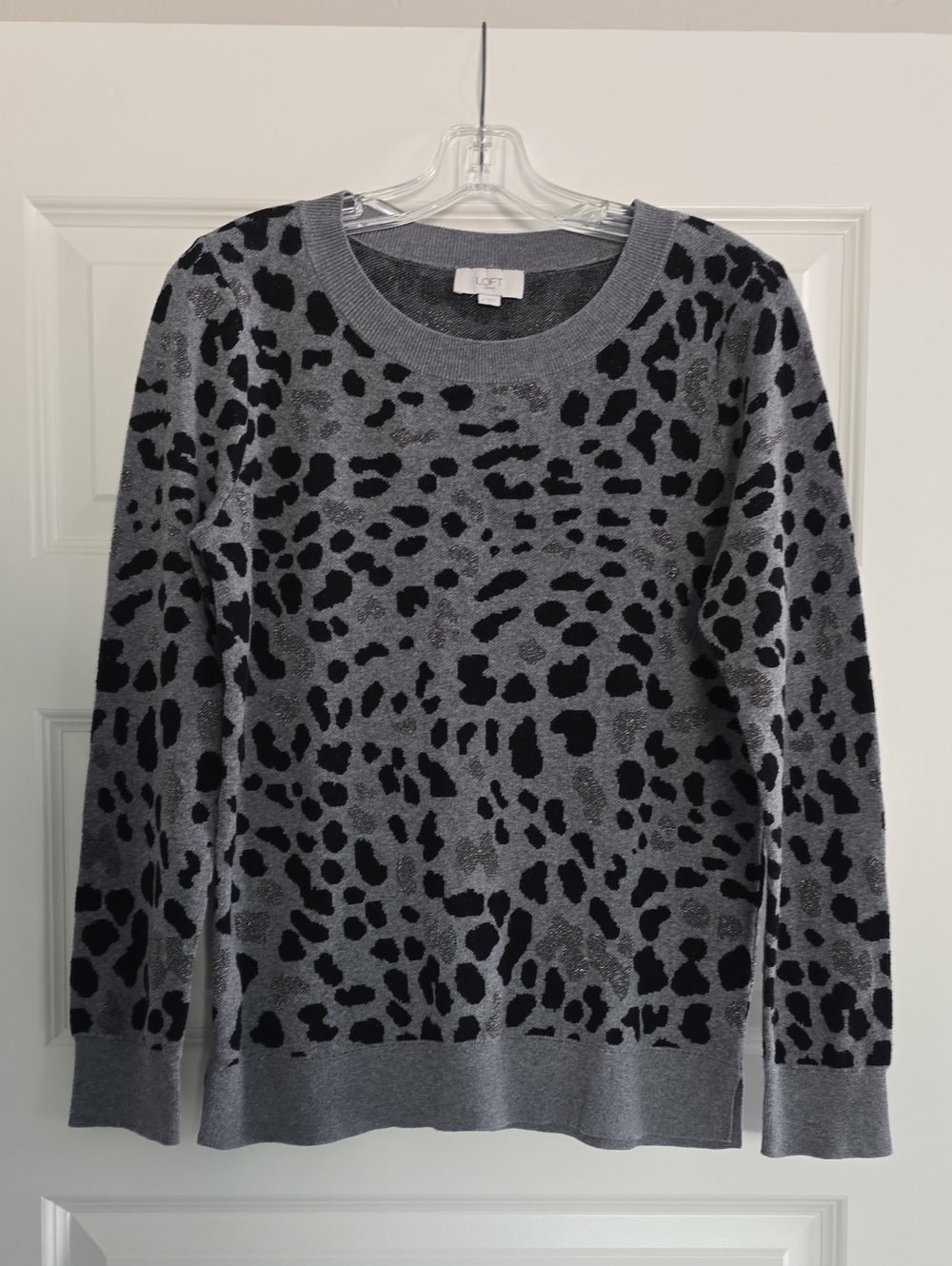 LOFT Gray and Black Leopard-Print Crewneck Sweater